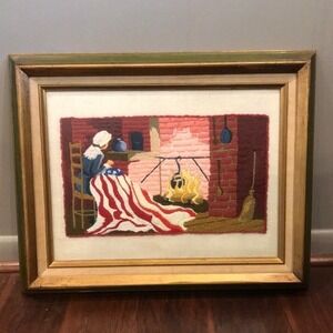 VTG Betsy Ross Sewing Flag Framed Crewel